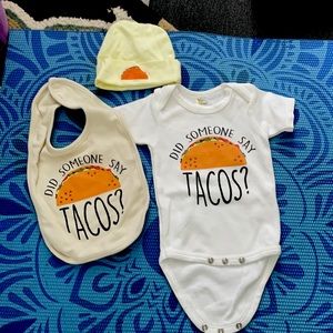 Baby clothes, size 0-3 months, bib hat onesie included, taco baby outfit